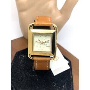 Tory Burch Women's Watch TBW1060 Tank Cream Dial Gold Quartz Brown Leather Band